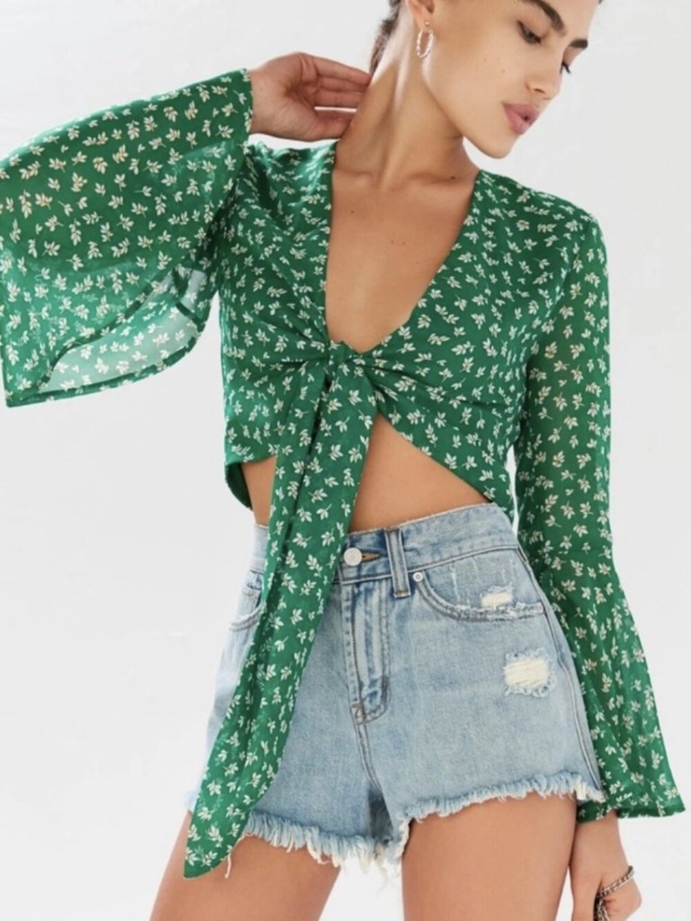Urban Outfitters Tie Front Belle Sleeves Crop Top